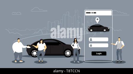 Menschen mit mobilen App Männer Frauen bestellen Automobil Fahrzeug mieten Car sharing Konzept Transport Carsharing Service Bildschirm des Smartphones Anwendung Stock Vektor