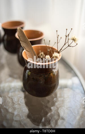 Trockene Blumen und Federn in Keramik vase Stockfoto