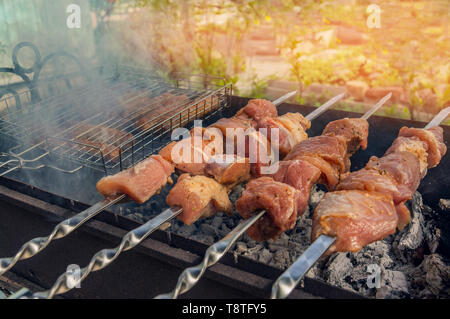 Fleisch am Spieß gebraten über dem offenen Feuer. Sommer Grill. Schaschlik ist eine nationale Kaukasischen Gericht. Stockfoto