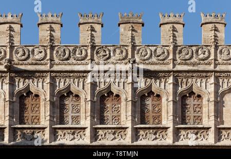 Gotische Fassade, Seide, Llotja de la Seda, Altstadt, Ciutat Vella, Valencia, Spanien Stockfoto