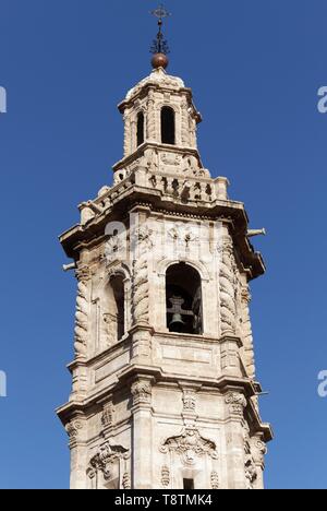 Barocke Glockenturm der Kirche Iglesia de Santa Catalina, Ciutat Vella, Altstadt, Valencia, Spanien Stockfoto