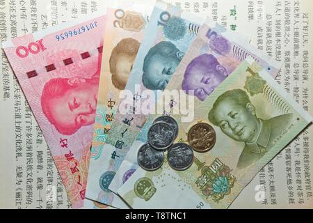 Verschiedene chinesische Yuan Renminbi, Banknoten und Münzen, in der Volksrepublik China Stockfoto