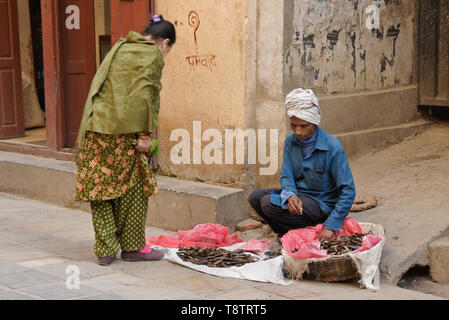 Street Hersteller Verkauf von getrockneten Fisch zu Frau in traditioneller Kleidung, Kathmandu, Nepal Stockfoto