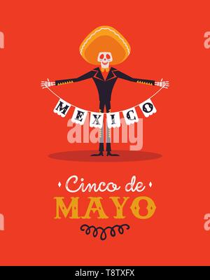 Happy Cinco de Mayo Grußkarte Illustration für mexikanische Unabhängigkeit urlaub Feier. Festliche Skelett mariachi Sänger mit grossen Hut. Stock Vektor