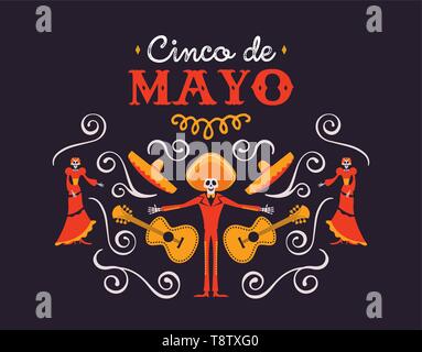 Cinco de Mayo Illustration für mexikanische Unabhängigkeit feiern. Cartoon Hintergrund der traditionellen Mexiko Kultur Dekoration. Mit toten Mariachi, Stock Vektor