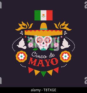 Happy Cinco de Mayo Grußkarte Illustration für mexikanische Unabhängigkeit urlaub Feier. Cartoon Sugar Skull mit mariachi hat und traditionellen cul Stock Vektor