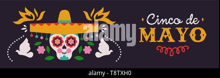 Happy Cinco de Mayo Web Banner Illustration für mexikanische Unabhängigkeit urlaub Feier. Cartoon Sugar Skull mit mariachi hat und traditionelle Kultur Stock Vektor