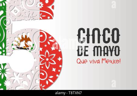 Cinco de Mayo Grußkarte Illustration für Mexiko Unabhängigkeit Urlaub. 3D-papercut Nummer 5 der traditionellen mexikanischen Papier Kunst mit Landesflagge gemacht Stock Vektor