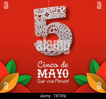 Cinco de Mayo Grußkarten in 3d-papercut Stil. Mexikanische Unabhängigkeit Abbildung: Papier Ausschnitt Nummer 5 mit blume Symbole. Stock Vektor