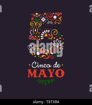 Cinco de Mayo Grußkarte Illustration für Mexiko Feiern Feiertag. Nummer 5 der traditionellen mexikanischen Stil Blume Dekoration mit Typografie gemacht Stock Vektor