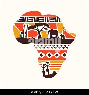 Afrikanische Karte Konzept Abbildung mit Wild Safari Tiere und Afrika Stamm Menschen auf isolierten Hintergrund. Stock Vektor