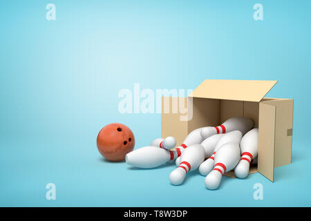 3D-Rendering von Karton liegend sidelong voll mit weissem Bowling Pins und ein braunes Bowling Ball daneben auf hell-blauen Hintergrund. Stockfoto