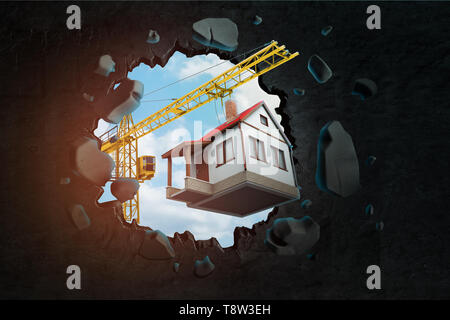 3D-Rendering von Bau kran mit weißen Haus durch die Lücke in der schwarzen Wand gesehen Stockfoto