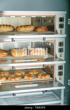 Industrielle elektrischer Ofen für die Verpflegung mit Essen. Frisch gebackene Backwaren Stockfoto