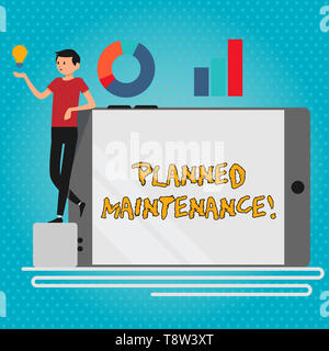 Text Zeichen zeigen, geplante Wartung. Business foto Präsentation reventive Wartung durchgeführt mit einem festen Plan Mann lehnte sich auf leere Smartphon Stockfoto
