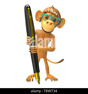 3D-Darstellung eines Affen Brille mit einem Stift auf weißem Hintergrund Stockfoto