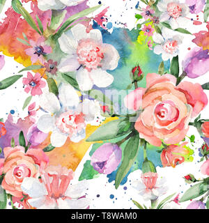 Blumenstrauß Blumen botanischen Blumen. Aquarell Hintergrund Abbildung. Nahtlose Muster. Stockfoto