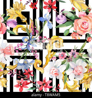 Blumenstrauß Blumen botanischen Blumen. Aquarell Hintergrund Abbildung. Nahtlose Muster. Stockfoto