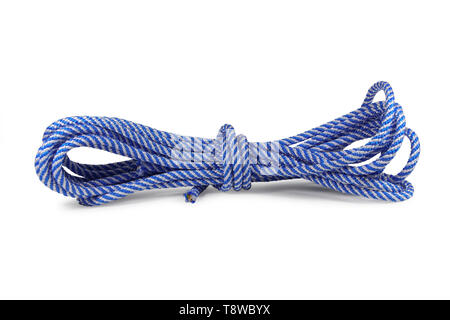 Blue nylon Seil auf weißem Hintergrund Stockfoto