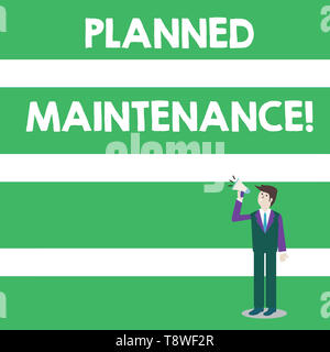 Text Zeichen zeigen, geplante Wartung. Business Foto Text reventive Wartung durchgeführt mit einem festen Plan Geschäftsmann suchen, Halten und Stockfoto