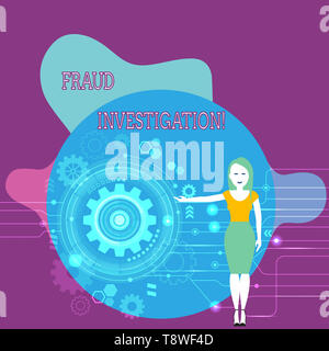 Text Zeichen zeigen Untersuchungen zur Betrugsbekämpfung. Business Foto Text zu ermitteln, ob ein Betrug stattgefunden hat, Frau und Präsentieren der SEO Stockfoto