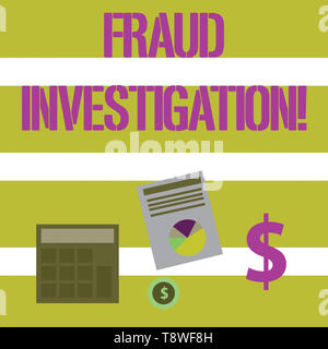 Text Zeichen zeigen Untersuchungen zur Betrugsbekämpfung. Business Foto Text zu ermitteln, ob ein Betrug stattgefunden hat, Computing Dollar Investition in Gold gefasst Stockfoto