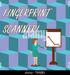 Handschrift text Fingerprint Scanner. Konzeptionelle Foto verwenden Fingerabdruck für biometrische Validierung Zugang Geschäftsfrau Holding Stick auf t zu gewähren. Stockfoto
