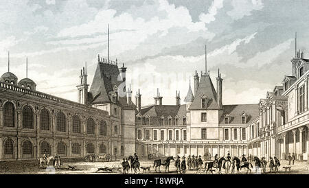 Die ovalen Innenhof, Château de Fontainebleau, in der Nähe von Paris, antike Stahl Gravierte drucken, 1831 Stockfoto