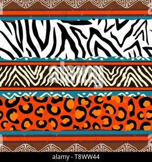 Abstrakte Kunst Afrikas Stil nahtlose Muster. Hand tribal Dekoration Hintergrund mit Animal-print und ethnische Symbole gezeichnet. Stock Vektor