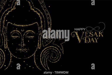 Happy Vesak Day Illustration für buddhistische Feier. Gold Glitzer buddha Gesicht mit traditionelle hinduistische Dekoration. Stock Vektor