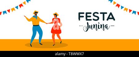 Festa Junina banner Illustration für brasilianische Urlaub Feier. Glückliches Paar, traditionelle Juni Tanz. Stock Vektor