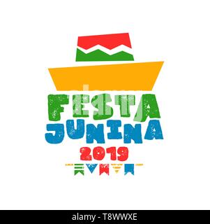 Festa Junina Typografie Illustration für traditionelle brasilianische Festival. Bunte Strohhut mit Text zitieren. Stock Vektor