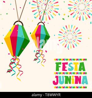 Happy Festa Junina Grußkarte Abbildung: bunte Papier Ballon und Feuerwerk für brasilianische Feier. Stock Vektor