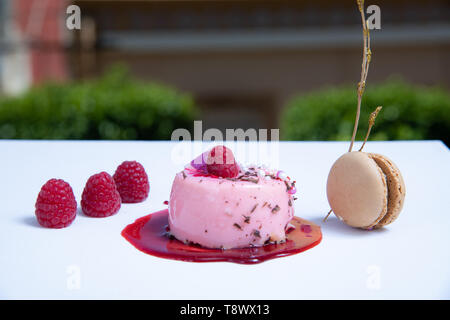 Berry Tart in einer roten Soße, Makronen und frischen Beeren. Unscharfer Hintergrund Stockfoto