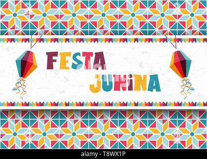 Happy Festa Junina Grußkarte Abbildung: bunte Papier Ballons und Stroh Hut auf traditionelle brasilianische Hintergrund. Stock Vektor
