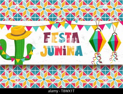 Happy Festa Junina Grußkarte Abbildung von Kakteen und Stroh Hut auf traditionelle brasilianische Hintergrund. Stock Vektor