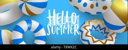 Hallo Sommer Web Banner Abbildung. 3D-Leben Sparer und Strand Bälle in Luxus gold-blauen Farben. Elegante Pool Party Einladung oder Sommer Saison ev Stock Vektor
