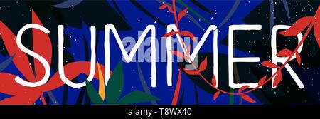 Tropischer Sommer Web Banner Abbildung von bunten Dschungel Pflanzen und exotischen Insel Palmenblättern in der Nacht. Stock Vektor