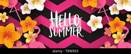 Urlaub Sommer Web Banner Abbildung. Bunte 3d-tropischen Blumen und Papier flamingo auf abstrakten Hintergrund. Stock Vektor