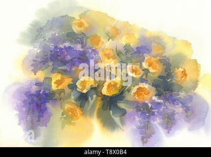 Gelbe Rosen mit violetten Fliederzweige Aquarell Hintergrund Stockfoto