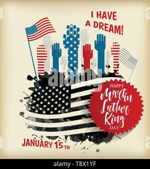 Martin Luther King Day Flyer, Banner oder Poster. Urlaub Hintergrund mit wehende Flagge in der Hand. Vektor flachbild Abbildung. Stock Vektor