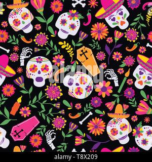 Dia de los Muertos nahtlose Vektor Muster. Die wichtigsten Symbole der Urlaub auf dem dunklen Hintergrund. Tag der Toten. Stock Vektor