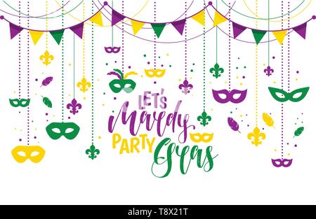 Mardi Gras farbiger Rahmen mit einer Maske und Fleur-de-Lis, auf weißem Hintergrund. Vector Illustration. Stock Vektor