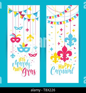 Mardi Gras farbigen vertikalen Banner mit einer Maske und Fleur-de-Lis, auf weißem Hintergrund. Vector Illustration. Stock Vektor