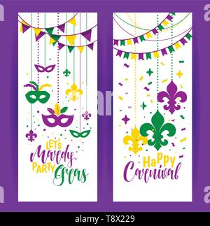 Mardi Gras farbigen vertikalen Banner mit einer Maske und Fleur-de-Lis, auf weißem Hintergrund. Vector Illustration. Stock Vektor