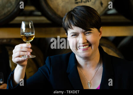 Doune, Schottland, UK. 15 Mai, 2019. Der Schottischen Konservativen Ruth Davidson MSP visits Deanston Destillerie in Doune auf einer europäischen Wahl besuchen. Während der Begehung der whiskies der Brennerei beprobt. Credit: Iain Masterton/Alamy leben Nachrichten Stockfoto