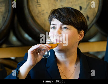 Doune, Schottland, UK. 15. Mai 2019. Der Schottischen Konservativen Ruth Davidson MSP visits Deanston Destillerie in Doune auf einer europäischen Wahl besuchen. Während der Begehung der whiskies der Brennerei beprobt. Stockfoto