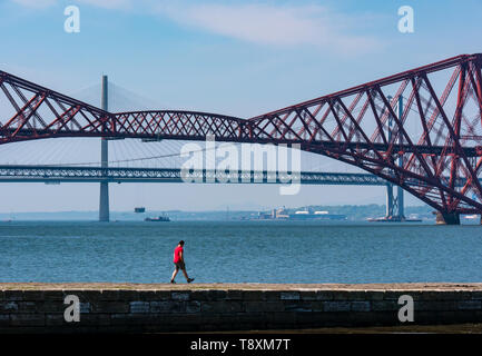 South Queensferry, Schottland, Vereinigtes Königreich, 15. Mai 2019. UK Wetter: ein Mann Spaziergänge an der Pier an einem sonnigen Tag auf dem Firth-of-Forth Küste bei den ikonischen Forth Rail Bridge, Forth Road Bridge in der Entfernung Stockfoto