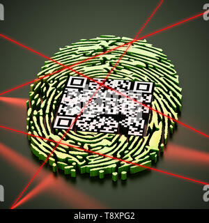 Generische QR-Code innerhalb von Fingerabdruck werden gescannt. 3D-Darstellung. Stockfoto