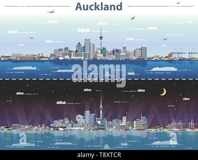 Auckland City Skyline bei Tag und Nacht Vector Illustration Stock Vektor